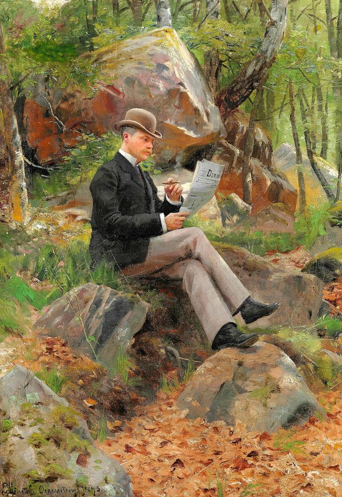 Шведский лес с мужчиной, читающим газету